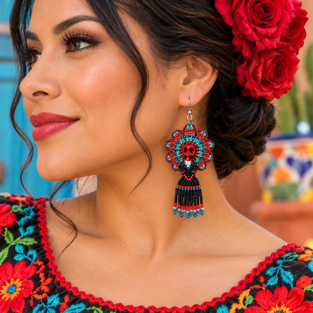 Red Catrina Day of the Dead Earrings 3" Delica Miyuki Beaded Dangly Sugar Skull